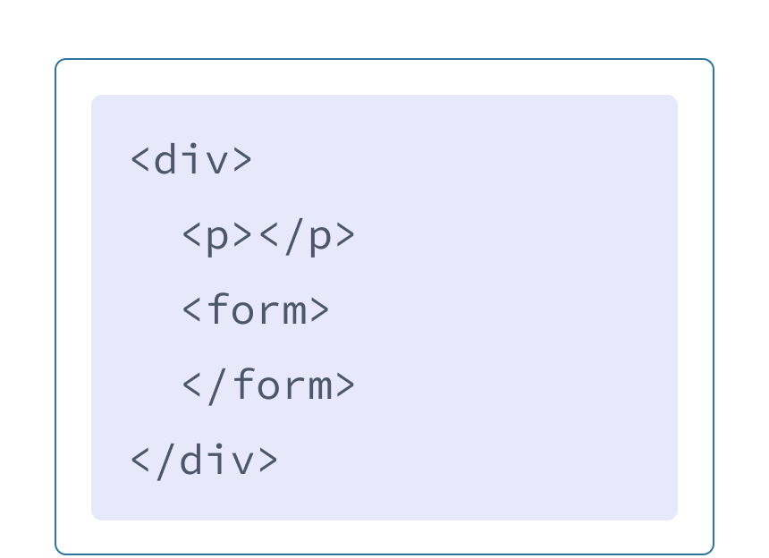 Marcação HTML com fundo roxo e um div com duas tags filhas: p e form. 
